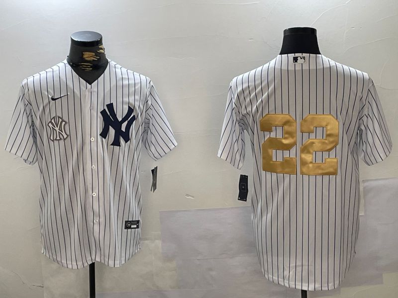 Men New York Yankees 22 Soto White Stripe Fashion Nike 2024 MLB Jersey style 12